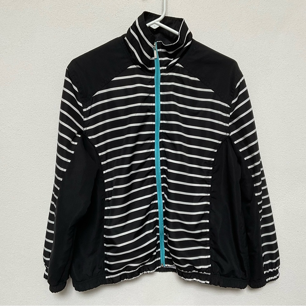 Ac-tiv-ology Black, White Striped Windbreaker Full Zip Jacket Size PXL